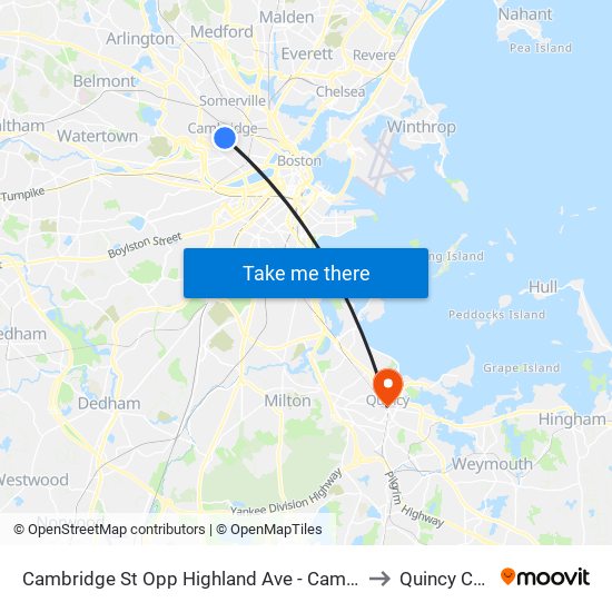Cambridge St Opp Highland Ave - Cambridge Hospital to Quincy College map