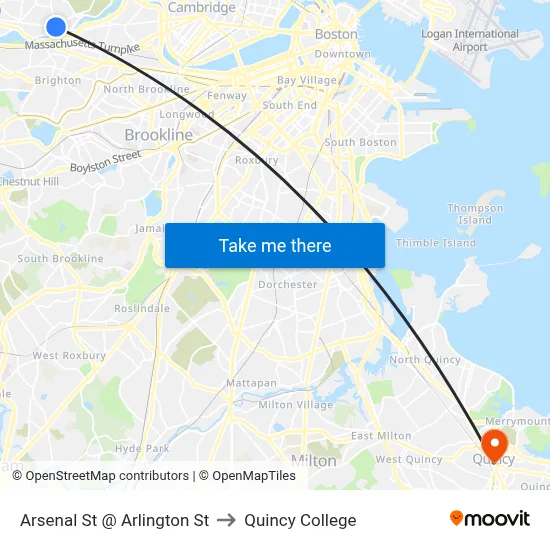 Arsenal St @ Arlington St to Quincy College map