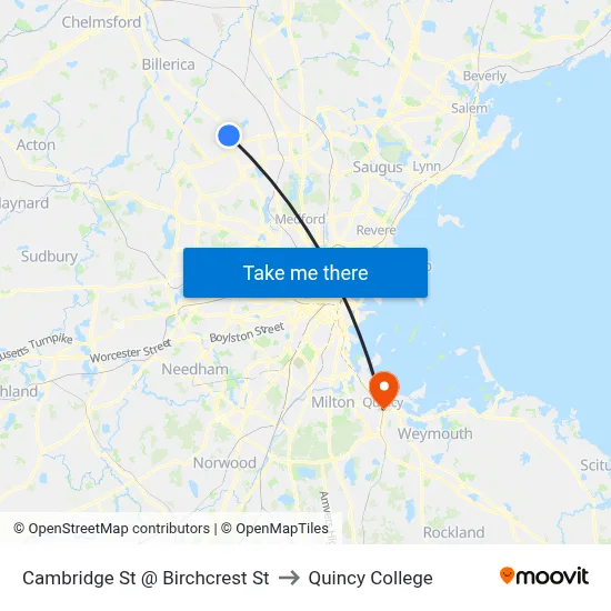 Cambridge St @ Birchcrest St to Quincy College map