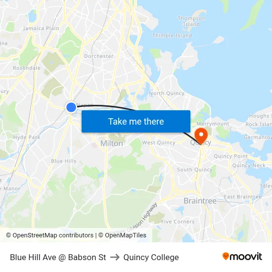 Blue Hill Ave @ Babson St to Quincy College map