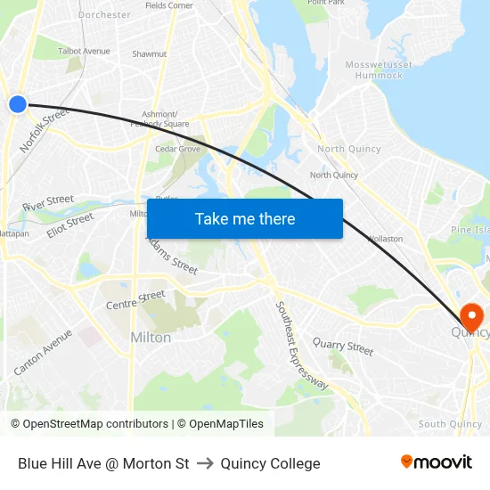 Blue Hill Ave @ Morton St to Quincy College map