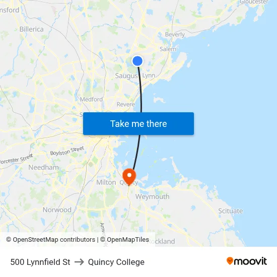 500 Lynnfield St to Quincy College map