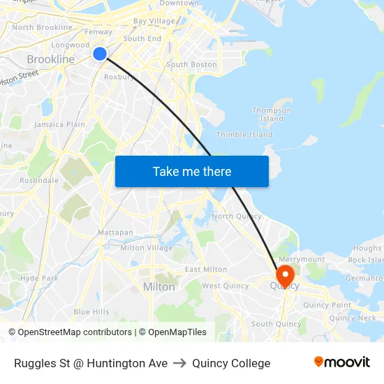 Ruggles St @ Huntington Ave to Quincy College map