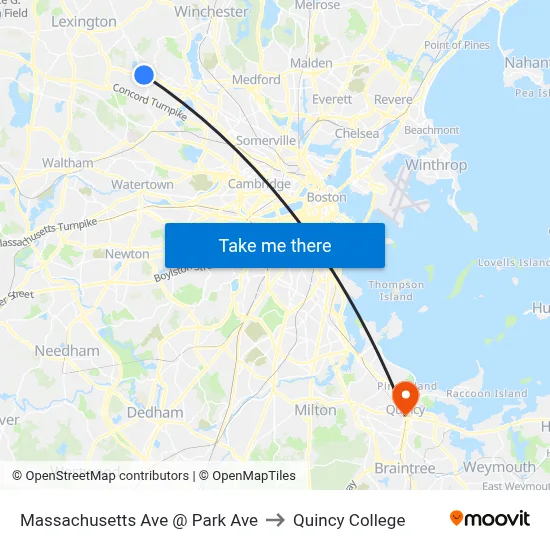 Massachusetts Ave @ Park Ave to Quincy College map