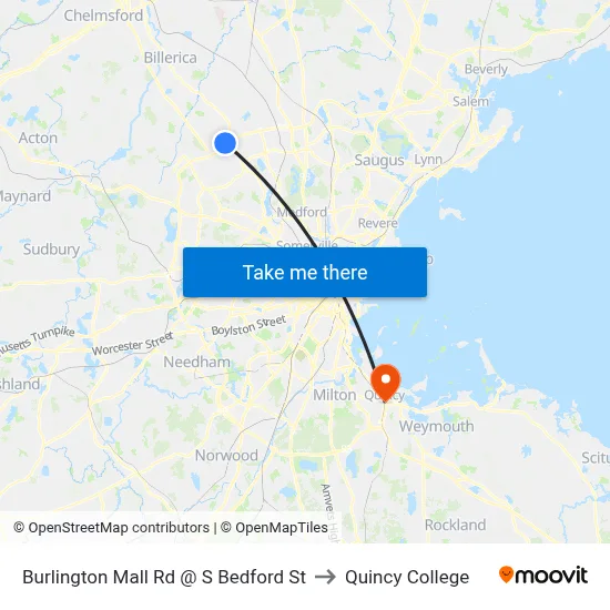 Burlington Mall Rd @ S Bedford St to Quincy College map