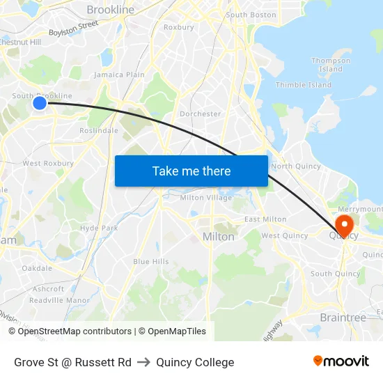 Grove St @ Russett Rd to Quincy College map