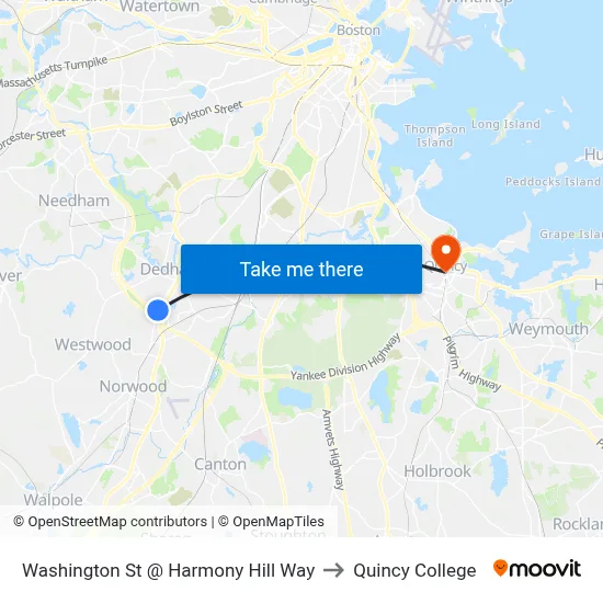Washington St @ Harmony Hill Way to Quincy College map