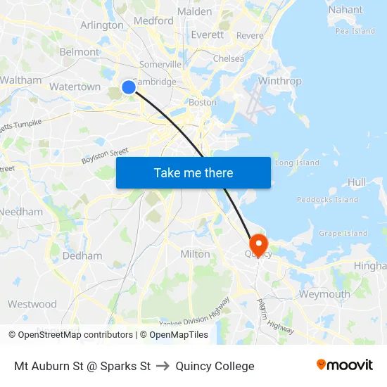 Mt Auburn St @ Sparks St to Quincy College map