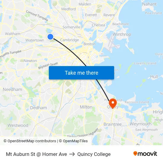 Mt Auburn St @ Homer Ave to Quincy College map