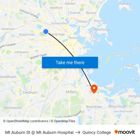 Mt Auburn St @ Mt Auburn Hospital to Quincy College map