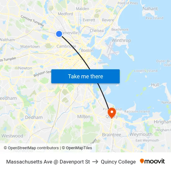 Massachusetts Ave @ Davenport St to Quincy College map