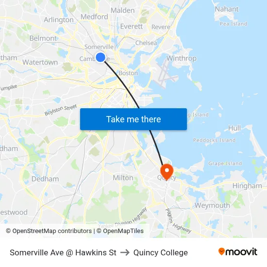 Somerville Ave @ Hawkins St to Quincy College map