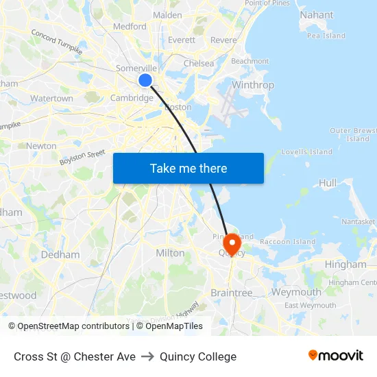 Cross St @ Chester Ave to Quincy College map