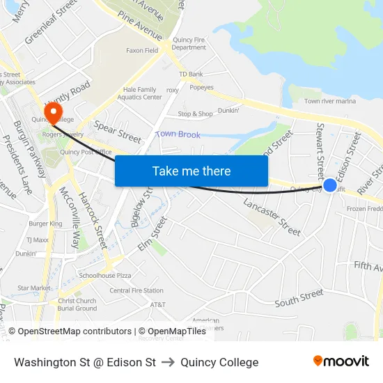 Washington St @ Edison St to Quincy College map