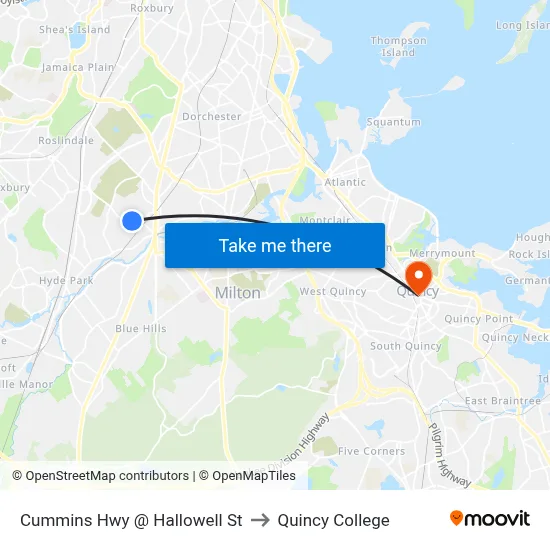 Cummins Hwy @ Hallowell St to Quincy College map