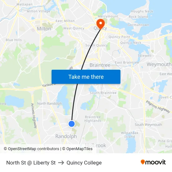 North St @ Liberty St to Quincy College map