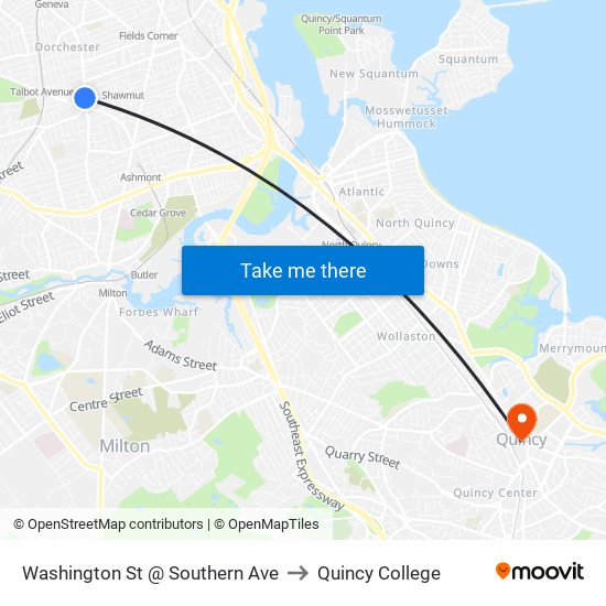 Washington St @ Southern Ave to Quincy College map