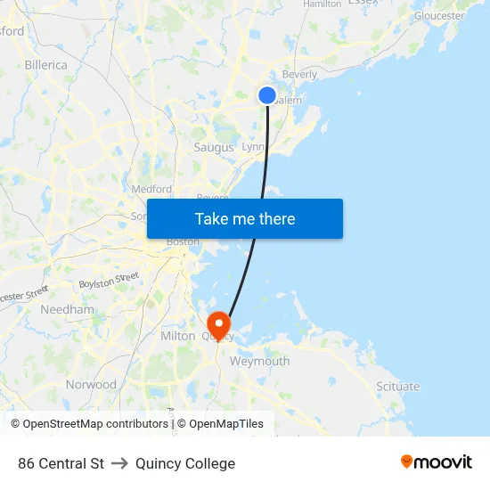 86 Central St to Quincy College map