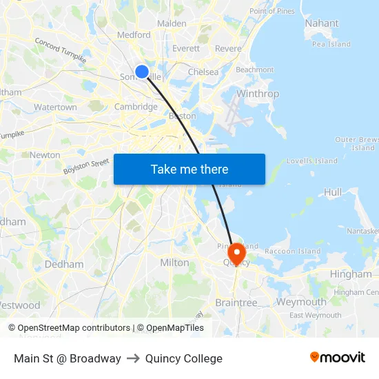 Main St @ Broadway to Quincy College map