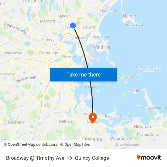 Broadway @ Timothy Ave to Quincy College map