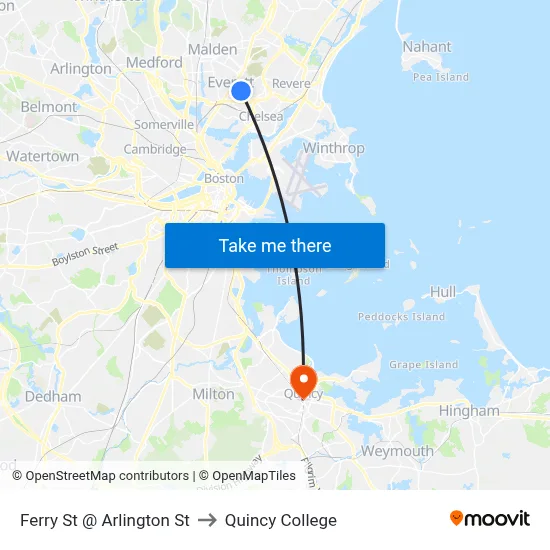 Ferry St @ Arlington St to Quincy College map