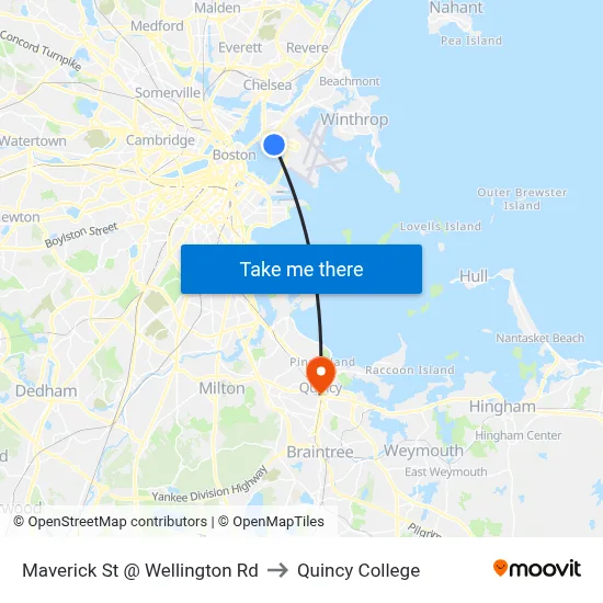 Maverick St @ Wellington Rd to Quincy College map