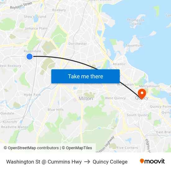 Washington St @ Cummins Hwy to Quincy College map