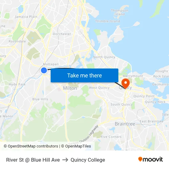 River St @ Blue Hill Ave to Quincy College map