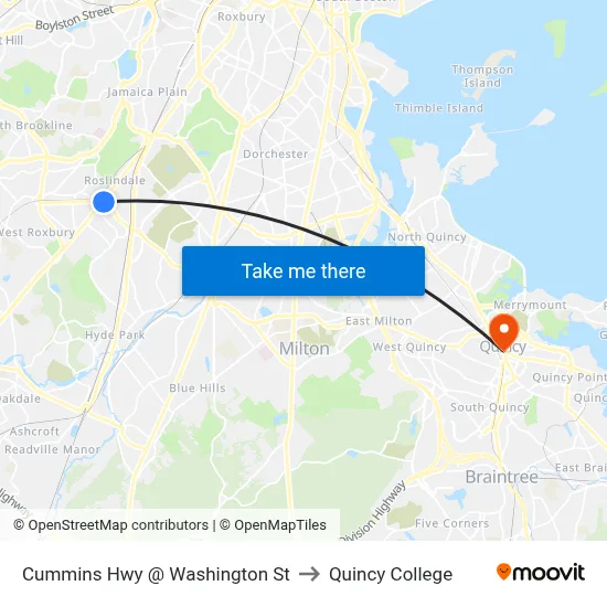 Cummins Hwy @ Washington St to Quincy College map