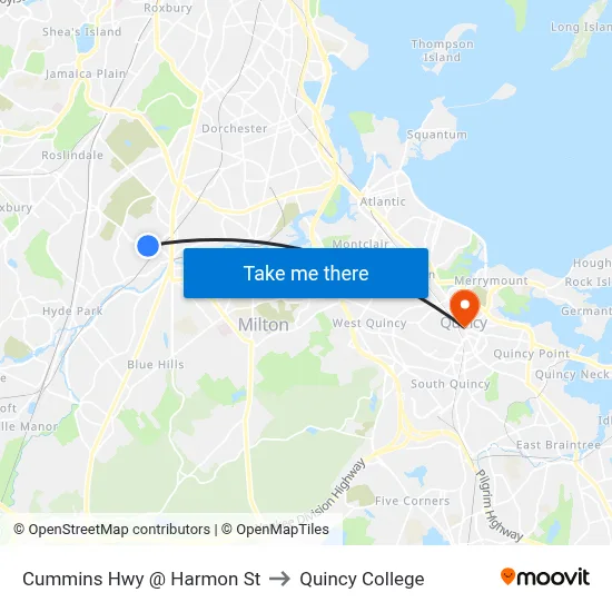 Cummins Hwy @ Harmon St to Quincy College map