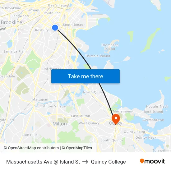 Massachusetts Ave @ Island St to Quincy College map