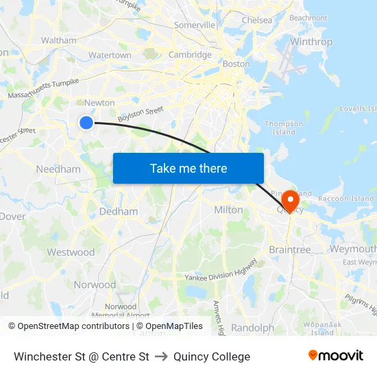 Winchester St @ Centre St to Quincy College map