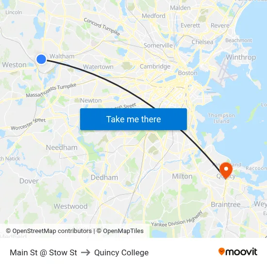 Main St @ Stow St to Quincy College map