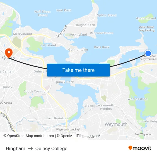 Hingham to Quincy College map