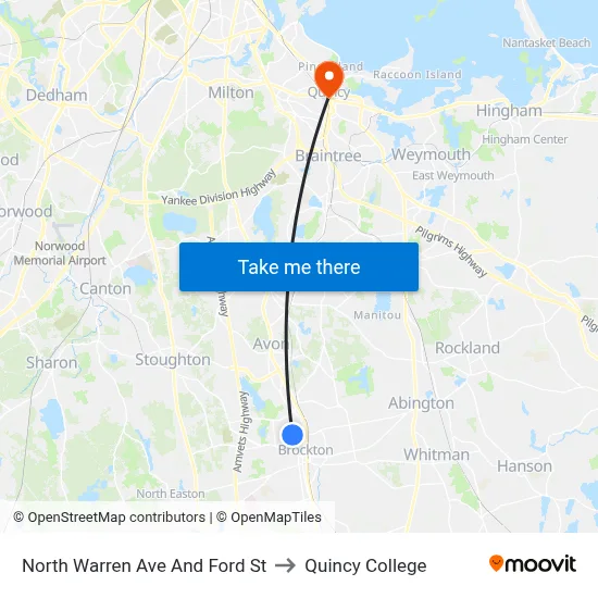 North Warren Ave And Ford St to Quincy College map
