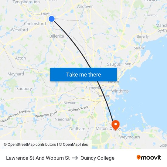 Lawrence St And Woburn St to Quincy College map