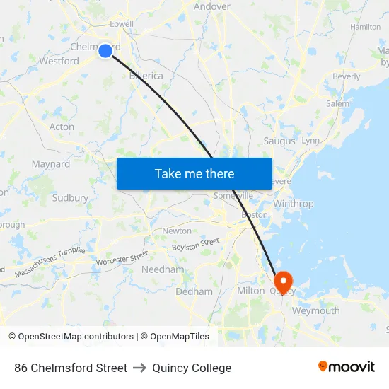 86 Chelmsford Street to Quincy College map