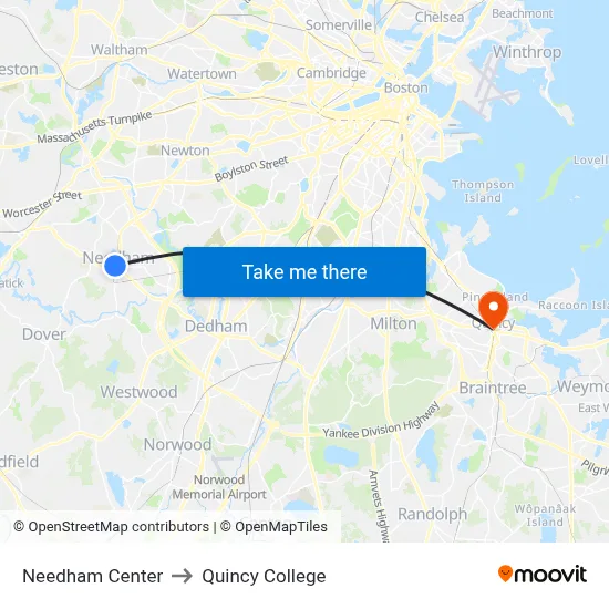 Needham Center to Quincy College map