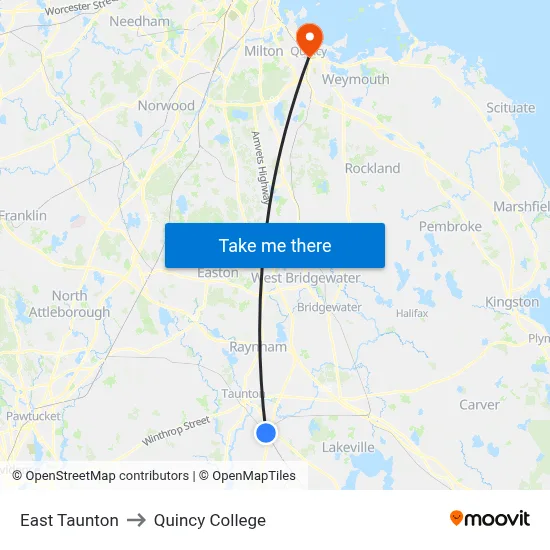 East Taunton to Quincy College map