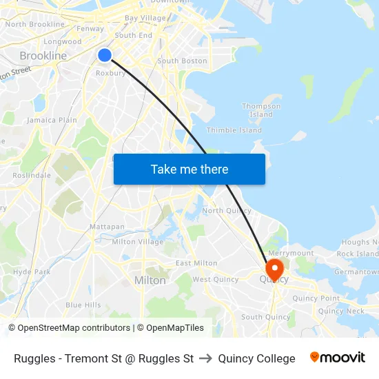 Ruggles - Tremont St @ Ruggles St to Quincy College map