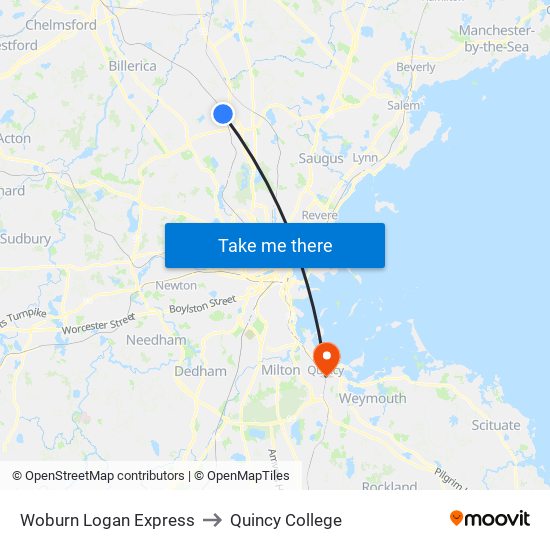 Woburn Logan Express to Quincy College map