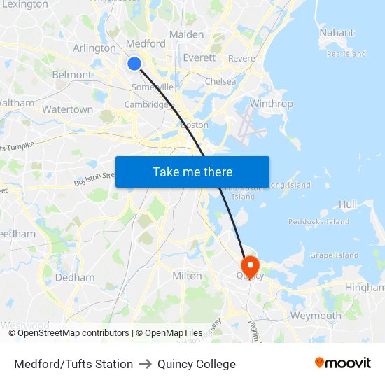 Medford/Tufts Station to Quincy College map