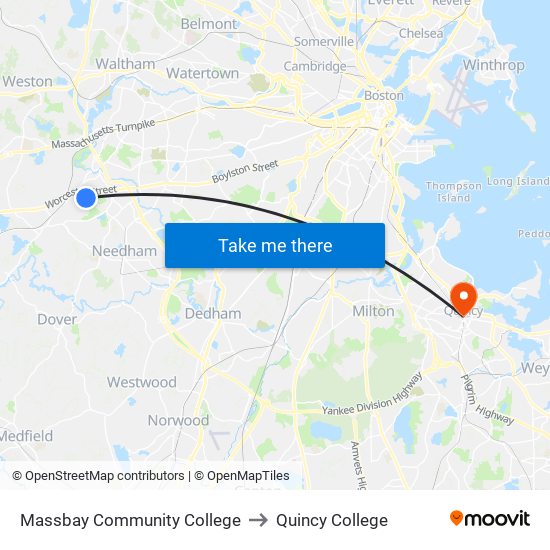 Massbay Community College to Quincy College map