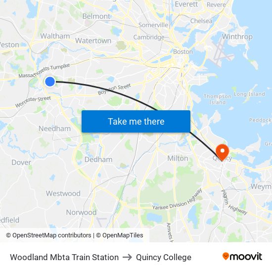 Woodland Mbta Train Station to Quincy College map