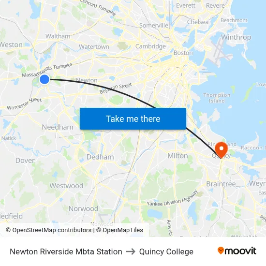 Newton Riverside Mbta Station to Quincy College map