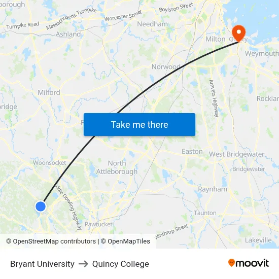 Bryant University to Quincy College map
