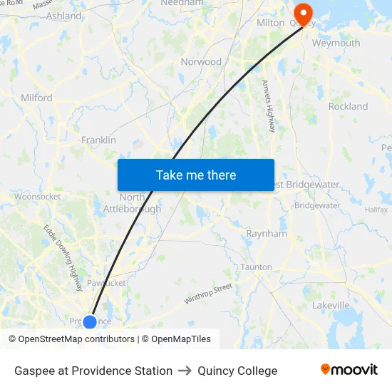 Gaspee at Providence Station to Quincy College map