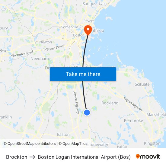 Brockton to Boston Logan International Airport (Bos) map