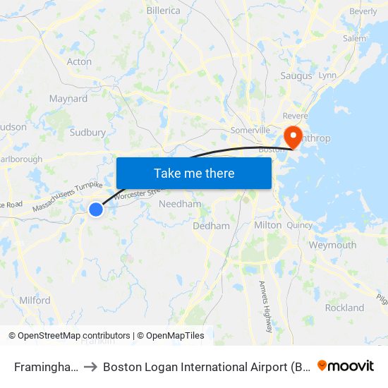Framingham to Boston Logan International Airport (Bos) map