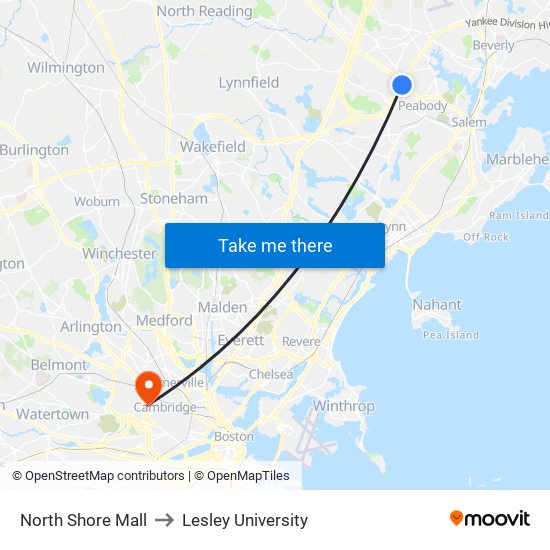 North Shore Mall to Lesley University map